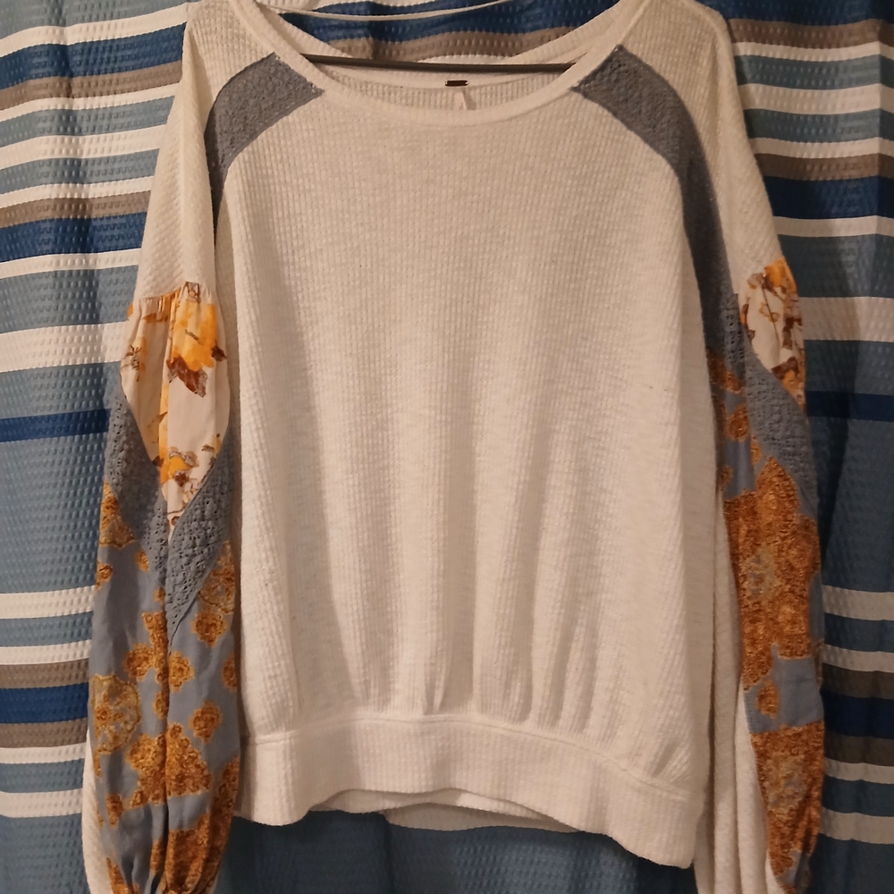 White Sweater with Blue and Mustard Floral Sleeves